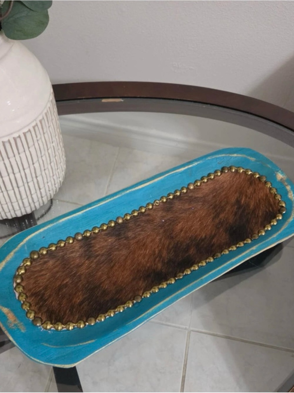 Turquoise Tray with Brown Fur Inset and Brass Trim